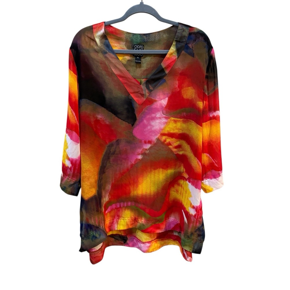 Clara Sun Woo Tunic Womens Size XL Colorful Artsy V Neck 3/4 Sleeve Flowy Bright